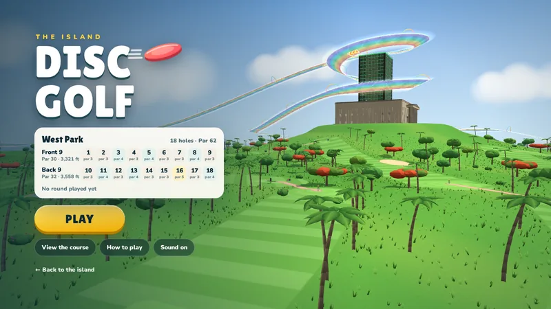 Island Disc Golf title screen with the eighteen-hole West Park scorecard and the tower on its hill, the Skyway’s rainbow road winding round it