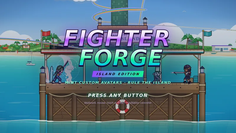Fighter Forge title screen over a wooden pier in The Island’s bay, with the beach and the tower behind it