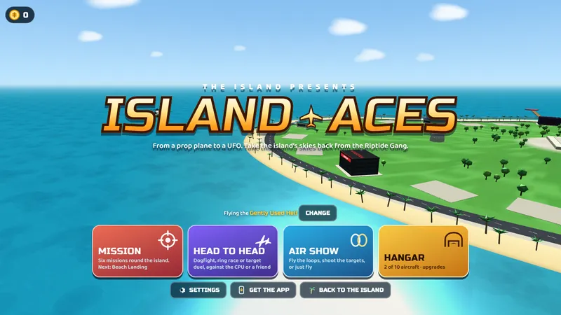 Island Aces title screen over the coast of The Island, with the Mission, Head to Head, Air Show and Hangar buttons