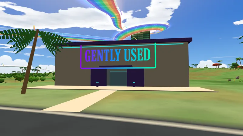 The Gently Used store on the island with its neon sign